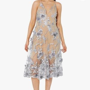 Dress the Population Women's Audrey Spaghetti Strap MIDI A-LINE 3D Floral Dress